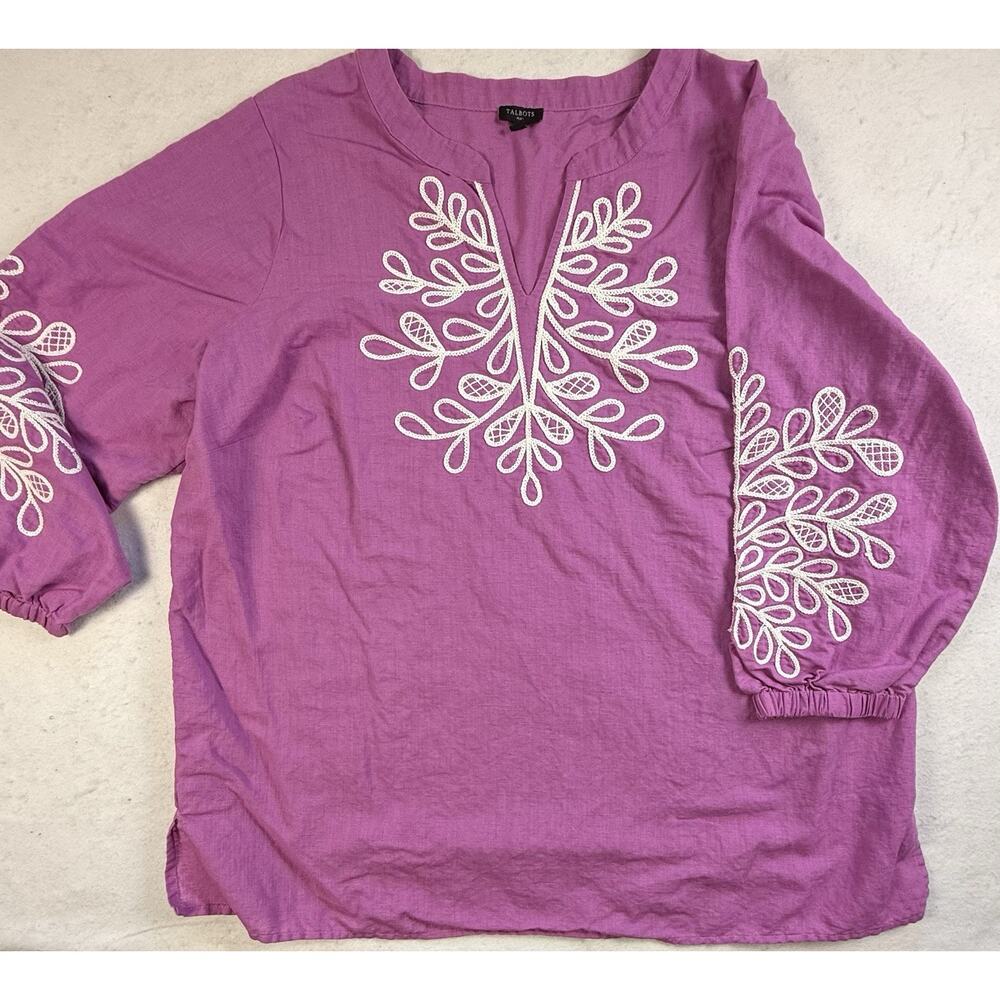 Talbots plus Tunic 1x raspberry pink linen cotton embroidery Costal Cottagecore
